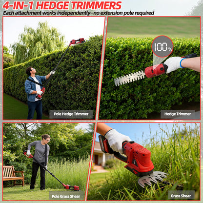 4-in-1 Electric Pole Hedge Trimmer, Cordless Bush Trimmer & Grass Shear with Extension Pole, 4.0Ah Battery & LCD Display, 180° Adjustable Angle, 16 Ft Reach, Powerful Branches Cutter for Tree