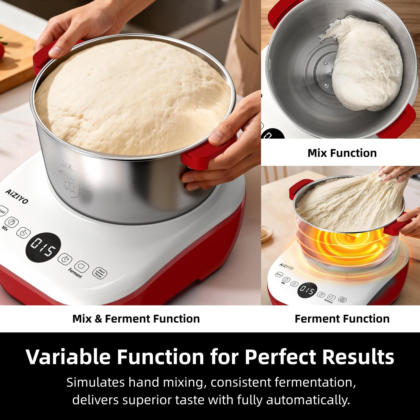 AIZIYO DoughChief, 5.3QT Dough Mixer, Dough Maker with Ferment Function, Touch Panel Control, 304 Stainless Steel Bowl, Removeable lid, Dough Proofing Box for Pizza, Bread, Pasta & Mochi