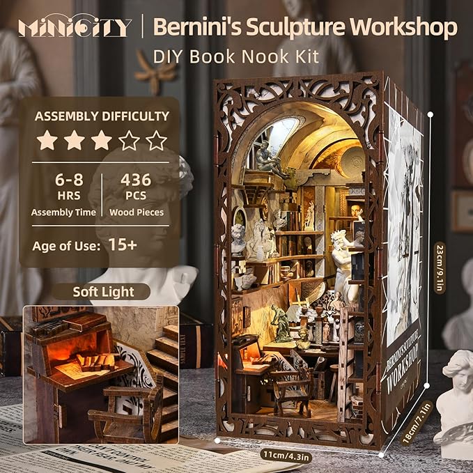 Magic Booknook Building Set with LED Light Mini Bookend Building Kit for Bookshelf &amp Home Decor DIY Miniature Book Nook Building Model for Kids Adults Teens (Bernini's Workshop)