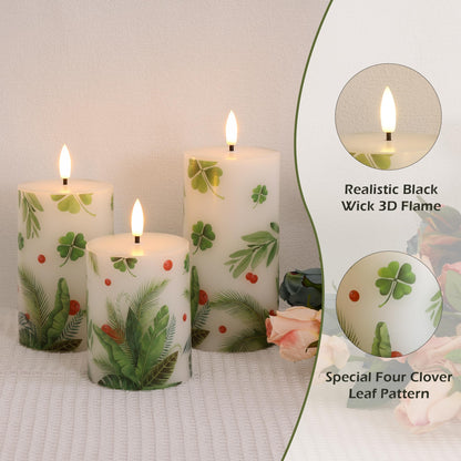 JOIONE Flameless Pillar Candles with Remote, 3 Pack Battery Operated Real Wax Green LED Candles, Perfect for Spring Summer Home Decorations Fireplace Table, Shamrock