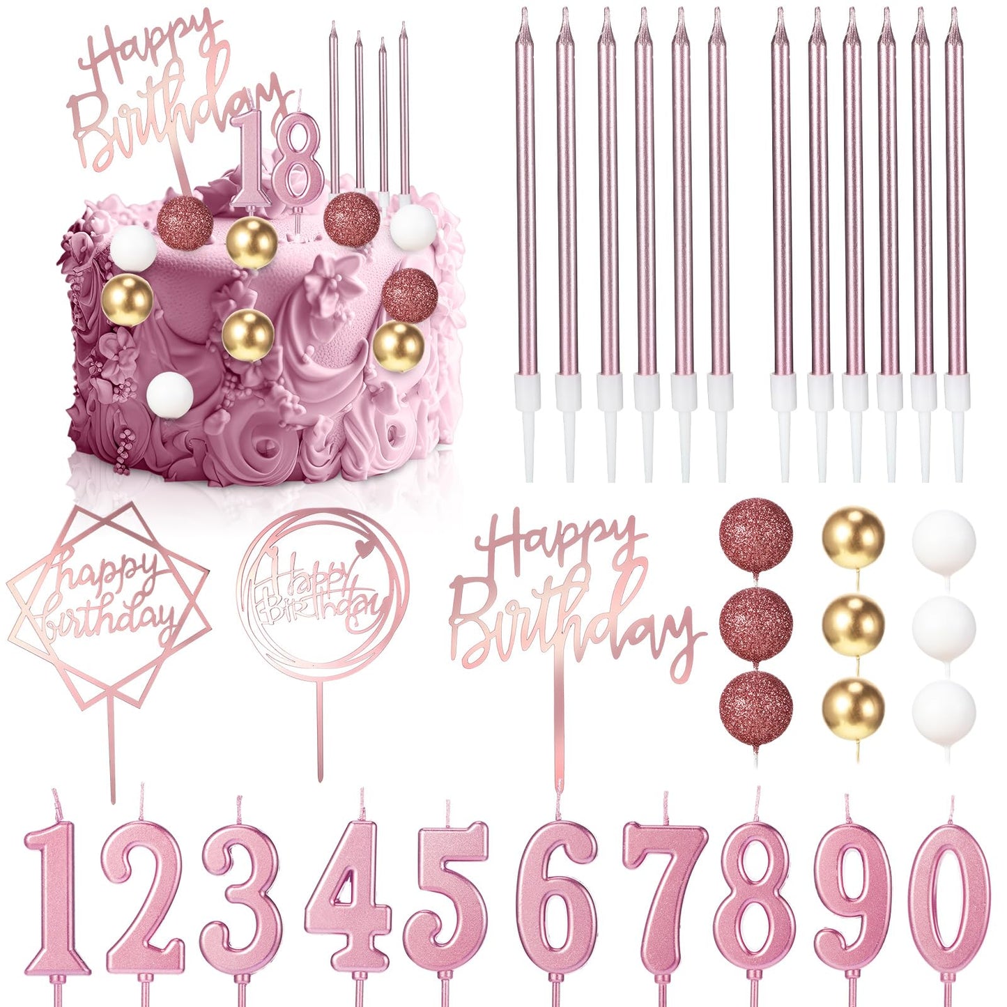 Yerliker 34 Pcs Happy Birthday Cake Toppers Decorations Birthday Candles DIY Cake Decor for Men Women Wedding Anniversary(Dusty Pink)