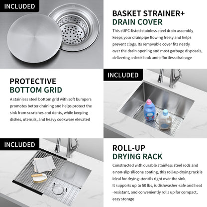 SINKVINE 23-inch Undermount Laundry Utility Sink - 23x19x13 Extra Deep Stainless Steel Single Bowl Basin with Drain Strainer, Bottom Grid & Drying Unit for Laundry Room, Outdoor, Garage, Kitchen Use
