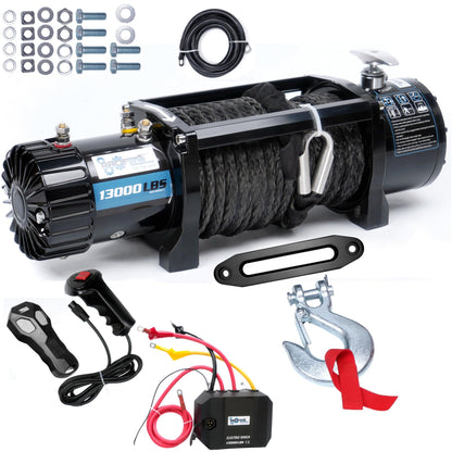 PROFLine Electric Winch 13000 lbs ATV Winch 12V with Synthetic Rope and Hook Truck Winch with Hawse Fairlead Remote Control for Towing UTV SUV Off Road Vehicle