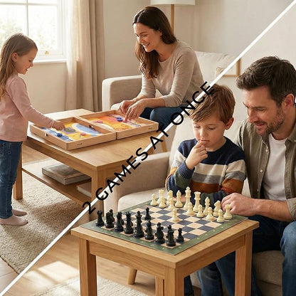 5-in-1 Wooden Board Games for Kids &amp Adults Premium Beech Wood Frame Family Game Center with Fast Sling Puck Detachable Flat Chess Board Chinese Checkers Ludo &amp Snakes and Ladders