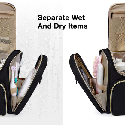 BAGSMART Toiletry Bag, Travel Toiletry Bag for Women, Water-resistant Cosmetic Makeup Bag, Large Capacity Door Room Essentials Travel Organizer for Full Sized Toiletries and Cosmetics, Black