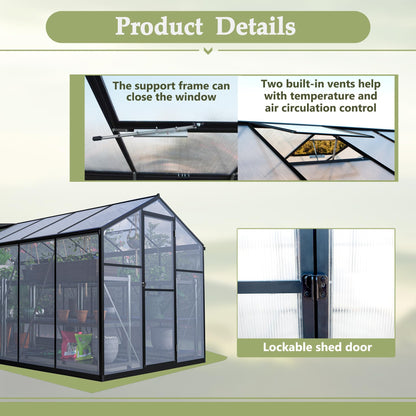 KEIKI 6x12 FT Greenhouse for Outdoors, Heavy Duty Polycarbonate Greenhouse, Large Walk-in Green House with Double Doors and Two Ventilation Windows for Outside Green House Garden Backyard