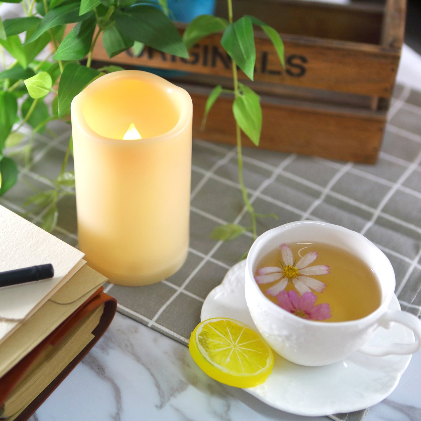 iZAN Outdoor Indoor Flameless Candles with Timer Waterproof Plastic Realistic Flickering Battery Operated LED Pillar Candles Long Lasting 1500 Hours Battery Life 3x5 inch Waved Edge 2-Pack