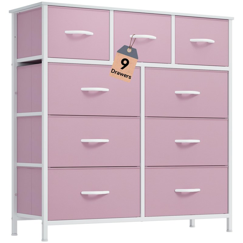 DWVO Dresser with 9 Drawers, Fabric Storage Dresser, Closet Dresser & Chest of Drawers for Living Room, Closets - Sturdy Steel Frame, Wooden Top & Easy Pull Fabric Bins(Pink)