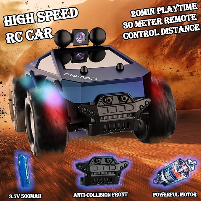 1/28 RC Monster Truck with Camera RC Car Toys with 720P HD FPV Camera High Speed All-Terrain Remote Control Car Racing Vehicle with Blinking Body Lights for Adults Kids Boys Dual Control Modes