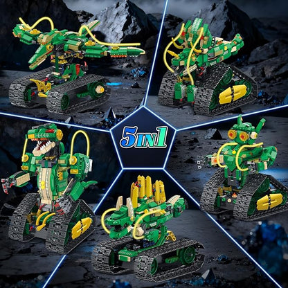 RC Dinosaur Building Toy with Light 5 in 1 Remote Controll Building Block Kit 877 PCS Tech Rechargeable Dinosaur Robot Toys Easter Birthday for Kids Boys Age 8 9 10 11 12+