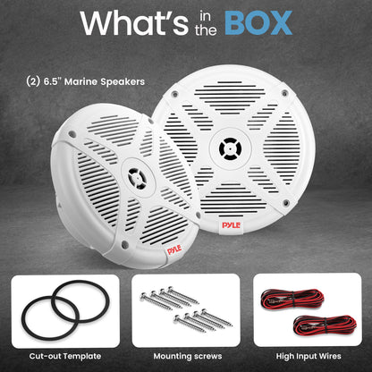Pyle 6.5 Inch Marine Speakers (Pair) - 2-way IP-X4 Waterproof and Weather Resistant Outdoor Audio Dual Stereo Sound System with 600 Watt Power and Low Profile Design - Pyle PLMR652W (White)