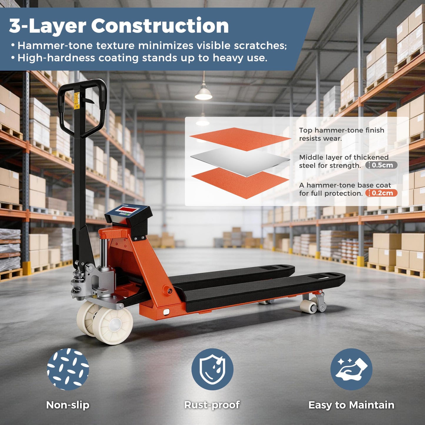 SOCOME Pallet Jack Scale with Digital Indicator, Heavy Duty Industrial Fork Floor Scale for Warehouse, Shiping, Post, 4400 lb x 1 lb, 54" x 27" Fork Size, 2 Pieces, Tangerine