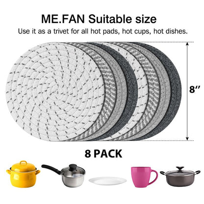 ME.FAN 8 Inch Trivets for Hot Dishs, 8 Set Cotton Thread Weave Trivets for Hot Pans, Potholders, Large Coasters, Hot Pads, Hot Mats to Protect Desktop & Countertop, Kitchen Essentials Grey