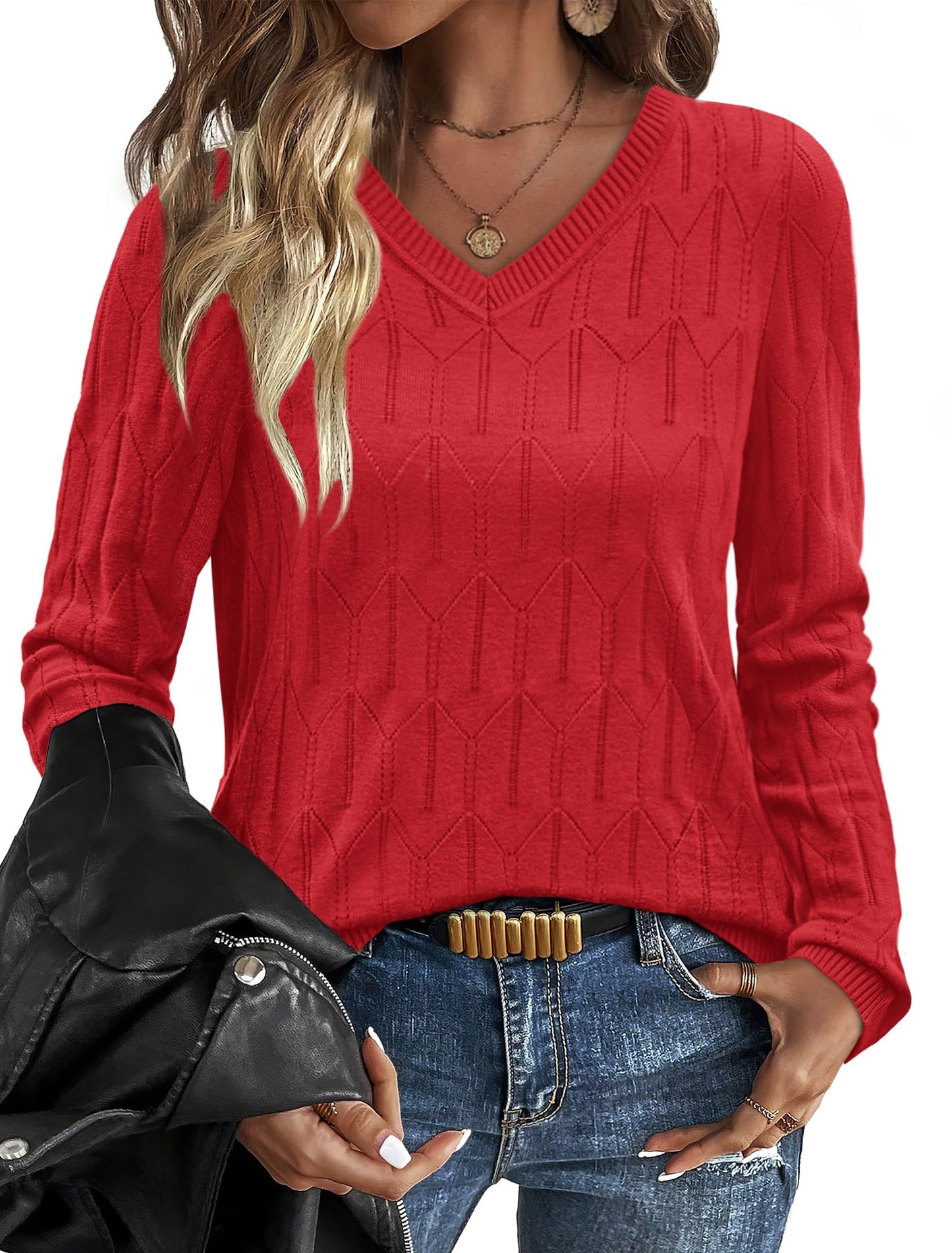 OFEEFAN Womens Sweaters Long Sleeve Shirts Fall Outfits 2025 V Neck Soft Knit Pullover Trendy Tops Dressy Casual Blouses