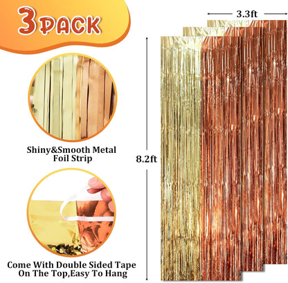 Voircoloria 3 Pack Foil Fringe Backdrop Curtains - 3.3 x 8.2 ft Rose & Champion Tinsel Streamers for Parties