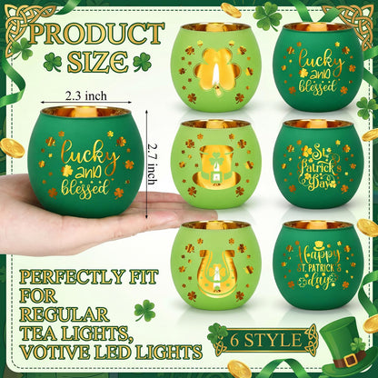 Yungyan 6 Set Green Votive Candle Holders Clovers Glass Holders Bulk with Laser Engraving Patterns Gifts for Weddings Shower Party, Table Centerpiece, Yoga & Bathroom Meditation Decoration
