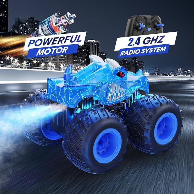 BAODLON Remote Control Monster Car 2.4GHz RC Monster Trucks Toys for 3 4 5 6 7 8 Years Old Boys Kids All Terrain RC Truck Off Road with Spray Light Rechargeable Battery Christmas Birthday Gifts