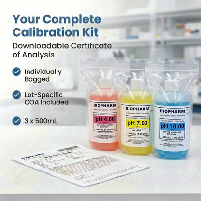 pH Buffer Calibration Solution 3-Pack: pH 4.00, pH 7.00, pH 10.00 Buffers — 500 mL (1.06 Pint) Each — Color Coded — NIST Traceable for All pH Meters