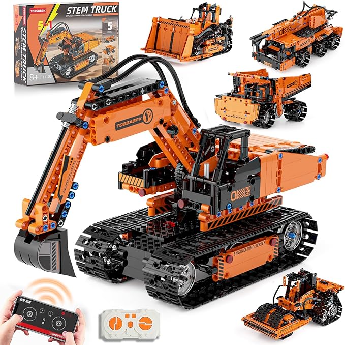 5in1 STEM Building Kits for Kids STEM Building Toys for Kid Remote &amp APP Controlled Excavator/Crane/Bulldozer/Road Roller/Dump Trucks Building Blocks Set for Boys Girls Birthday Xmas Idea Gifts