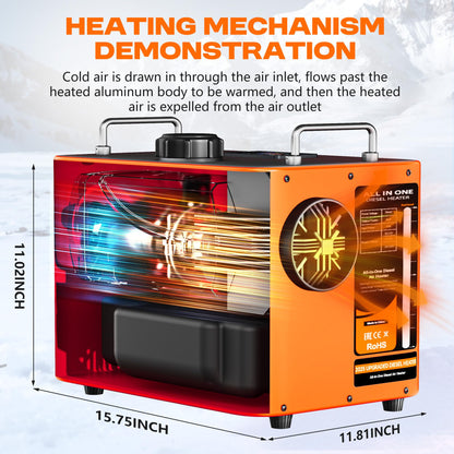 9L Large Diesel Heater, 8KW 240V/110V/12V/24V All in One Diesel Air Heater with LCD Switch, Remote Control, Suitable for Truck, RV, Home, Car, Campers, Boat, Orange