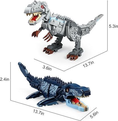 Dual Dinosaur Building Sets - Indominus Rex &amp Mosasaurus Dinosaur Toys with Poseable Joints STEM Educational Toys for Kids Ages 6-12 Creative Birthday Gifts for Boys and Girls