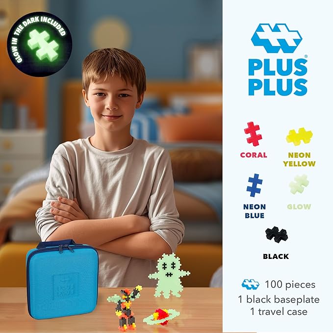 PLUS PLUS Building Set with Travel Case 3D Open Ended Stem Toy for Kids 100 Mini Interlocking Pieces 1 Baseplate - Glow Mix