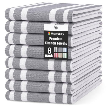 Homaxy Premium Kitchen Towels 18”x 28”, Large Cotton 380 GSM Kitchen Hand Towels, Stripe and Terry Dish Towel, Highly Absorbent Tea Towel Set with Hanging Loop, 8 Pack, Grey