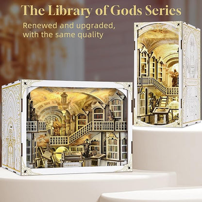 Book Nook Kit DIY DIY Miniature Dollhouse for Adults Beyond Library 3D Wooden Puzzle Bookend Bookshelf Insert Decor with LED Light Gifts for Book Lovers (Library of Gods Max)