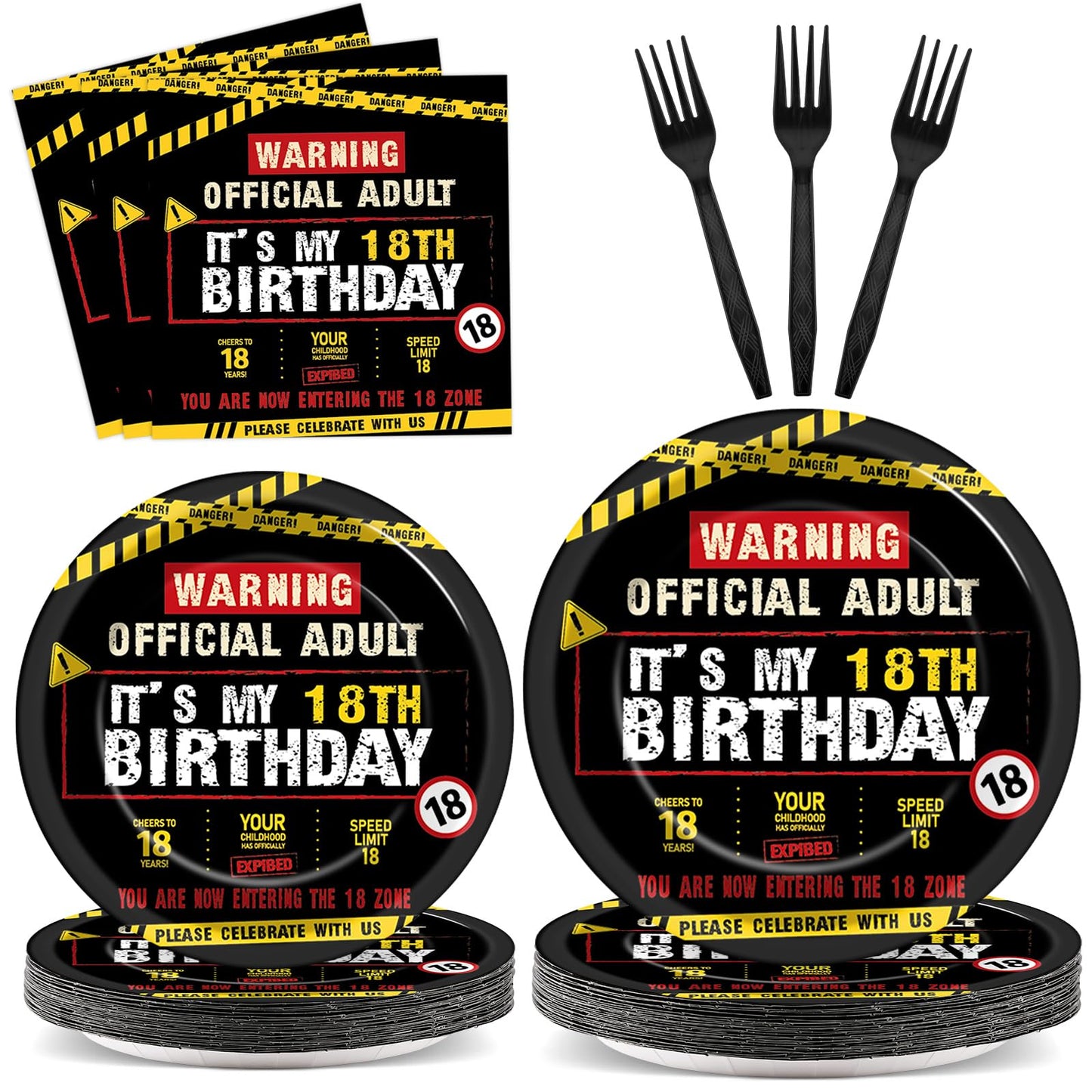 96 PCS Caution Logos 18th Birthday Party Paper Plates and Napkins 18 Years Old Party Decoration Warning Themed Official Adult 18th Dinnerware for Boys Girls 18 Year Old Birthday Gatherings Decorations