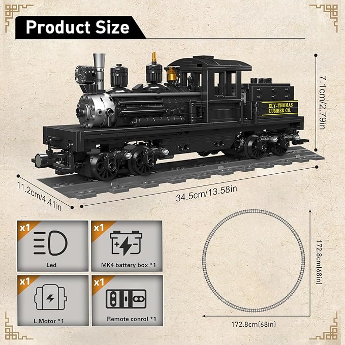 Mould King Shay-Type Steam Locomotive Building Set with LED Lighting Remote/App Control Model Train Block Kit with Tracks Engineering Toy Kit for Adults (880 PCS)