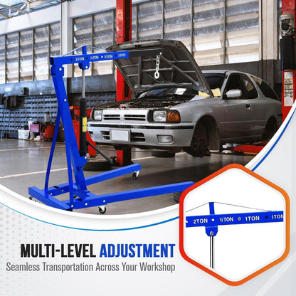 Foldable Engine Hoist, 2 Ton (4000 LB) Hydraulic Cherry Picker, Steel Mobile Load Lifter with 6 Wheels and Telescopic Boom, for Shop Crane, Garage, Workshop, Auto Repair, Heavy-Duty, Blue