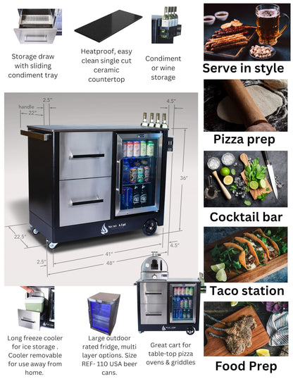 Mont Alpi Outdoor Prep Bar Cart with Ceramic Top, Wine Holder, Stainless Steel Cabinets, MAF Refrigerator & Portable Countertop Gas Pizza Oven Combo - 41"