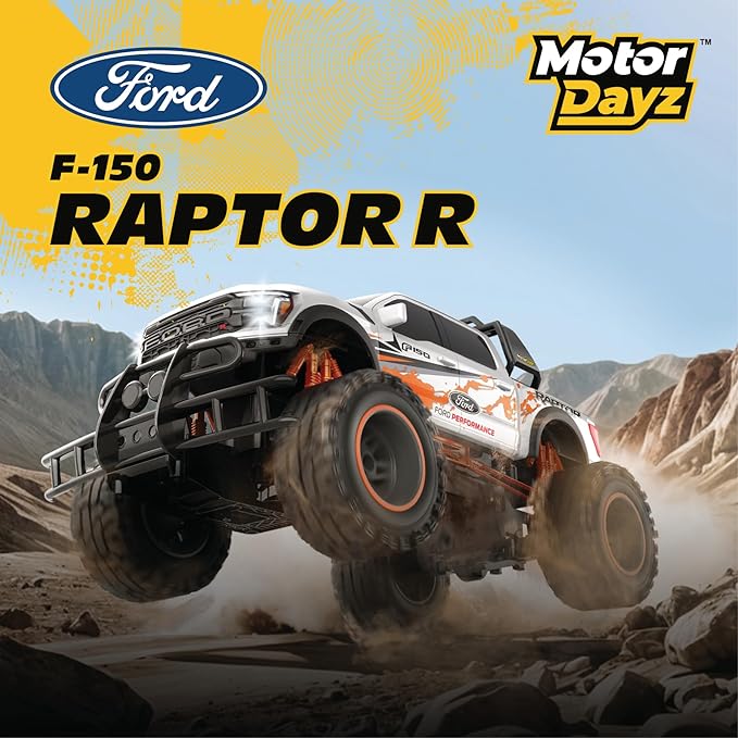 Ford F150 Raptor R 2WD Remote Control Truck with Working Lights and Sounds. Officially Licensed 1:10 Scale RC Toy 2.4GHz Remote Batteries Included USB Charge - White - Great Gift