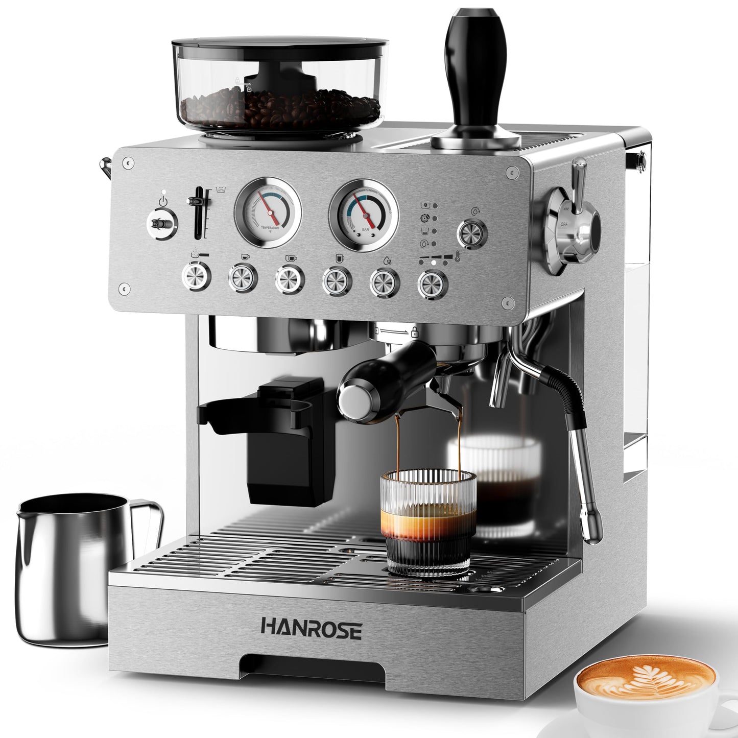 HANROSE Espresso Machine with Grinder, 20Bar Espresso Machine Stainless Steel, Coffee Machine with Milk Frother for Latte/Cappuccino, Adjustable Temperature, Independent Hot Water & Americano Function