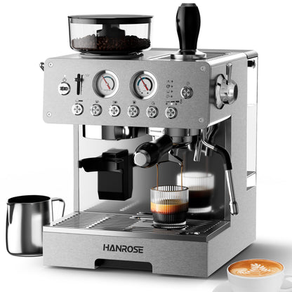 HANROSE Espresso Machine with Grinder, 20Bar Espresso Machine Stainless Steel, Coffee Machine with Milk Frother for Latte/Cappuccino, Adjustable Temperature, Independent Hot Water & Americano Function