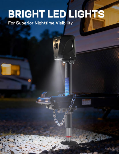 POLESTAR Electric Trailer Jack, 7500lbs Electric Power A-Frame Tongue Jack with Waterproof Protective Cover & LED Light for Travel Trailer Camper, RV, 12V DC 7-Way Plug, 9"-27" Lift