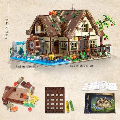 Wood Cabin Building Set with Light 2570 PCS Wooden Forest House Mini Building Block Toy with Waterwheel Pond Animals Big House Construction Model for Adults Teens Kids Boys Girls 10-12+