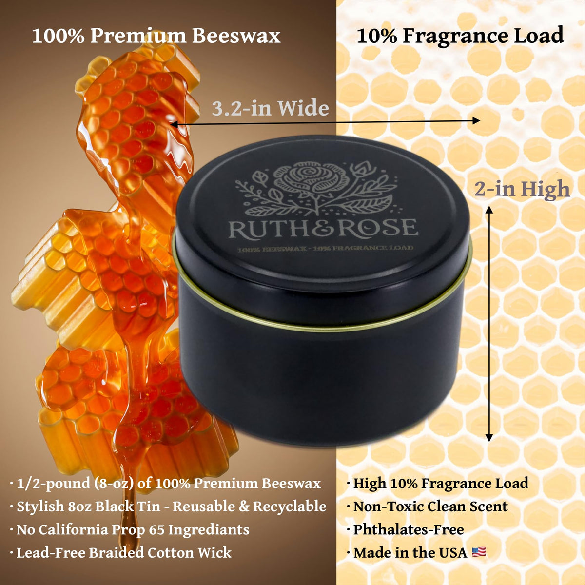 RUTH & ROSE Speakeasy Scented Candle, 100% Beeswax Candle for Home, 8oz, +65 Hours Burn Time, Aromatherapy Non Toxic Candles, Gift for Women & Men, Made in USA, Perfect for Travel or Gifting