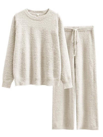 ANRABESS Women's Fuzzy Fleece Pajama Sets 2 Piece Outfits Long Sleeve Top Wide Leg Pants Lounge Matching Set 2025 Fall Winter