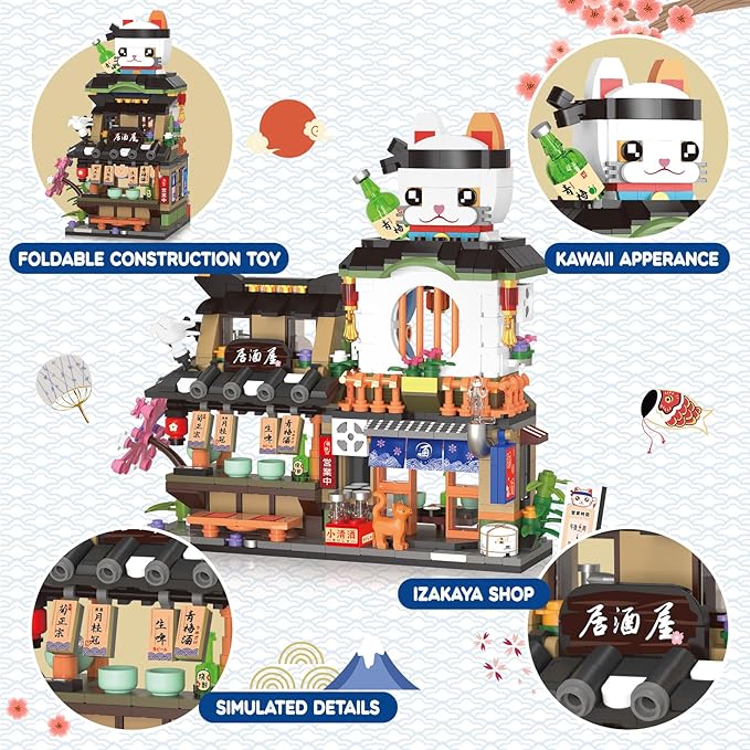 Japanese Street View Izakaya Shop Mini Building Blocks MOC Creative Cute Japanese Toys Model Set 809 PCS Simulation Architecture Construction Toy Gift for Adults Kids Girls Boys 6-12