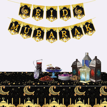 3 Pack Ramadan Decorations Ramadan Table Cloth, Black and Gold Eid Mubarak Tablecloth, 108x54 inch Ramadan Mubarak Table Cover, Ramadan Eid Decorations for Home, PE Plastic Disposable Tablecloth
