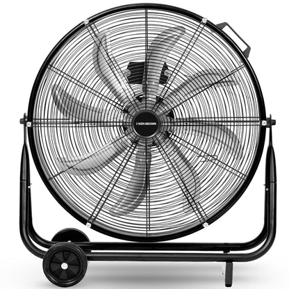 KEN BROWN 24 Inch Industrial Drum Fan, High Velocity Floor Shop Fan, Heavy Duty, 9500 CFM, 8 Blades, 3 Speeds, 360 Degree Tilt, Ideal for Industrial, Commercial, Gym, Garage Use, Black