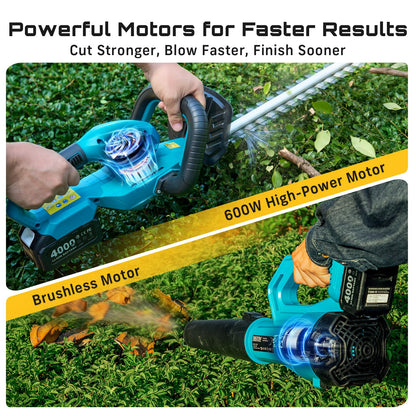 SEESII Cordless Hedge Trimmer and Leaf Blower Combo, 2 Pcs 4.0Ah Batteries, Electric Handheld Bush Trimmer with 20" Dual-Action Blade, Lightweight Brushless Blower with 2 Speed Modes for Yard Garden