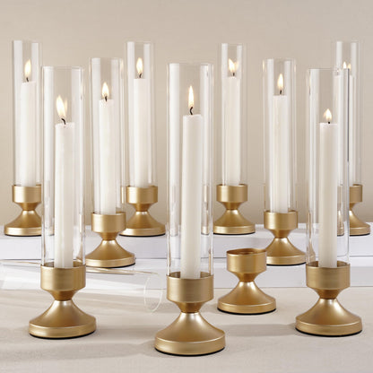 Hurricane Glass Candle Holders, Set of 10 Metal Taper Candlesrick Holders for Centerpieces Tall Gold Candle Stands Bulk with Glass Cylinder for Wedding Birthday Party Table Decor