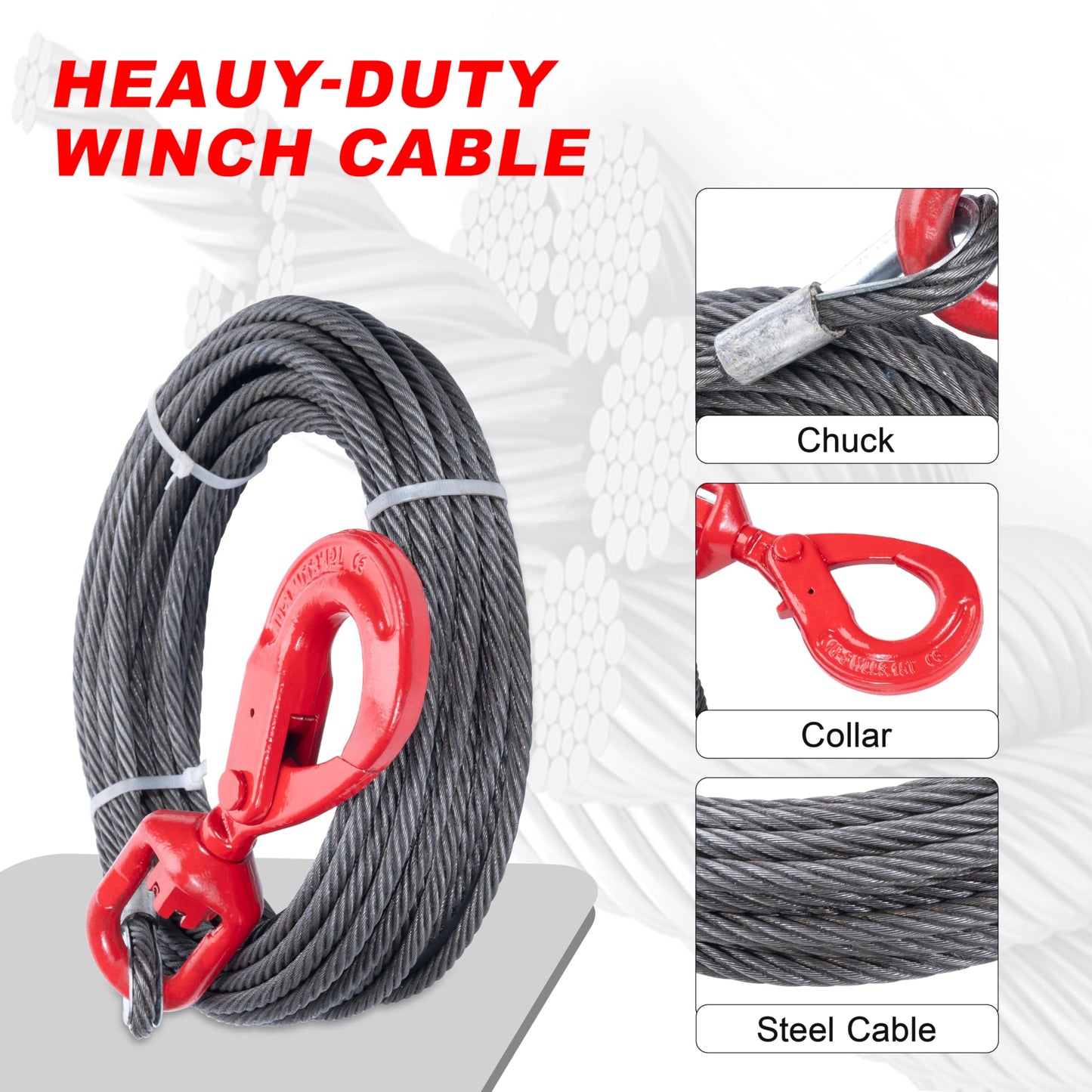 SajoSolid Steel Winch Cable, 1/2 Inch x 75 Feet Heavy Duty Towing Cable for Off-Road Recovery, Truck & Jeep, Durable Steel Wire Rope with Self-Locking Hook, High Tensile