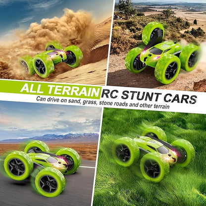 Remote Control Car for Kids Ages 6+ RC Cars Stunt Car Toy 4WD Double Sided 360° Rotating Remote Control with Headlights Birthday Xmas Gifts for Boys 6 7 8 9 10 11 12 Green