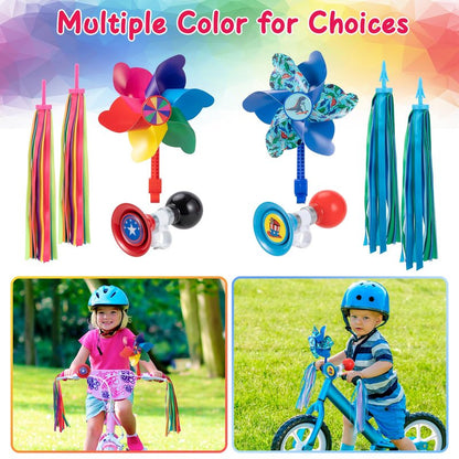Kids Bike Horn Set, Children Bicycle Bell with 2 Pcs Bike Handle Streamers, and Windmill Kid Bike Accessories for Girls or Boy(Blue)