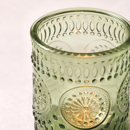 DEVI 8oz Empty Green Embossed Glass Candle Jars for Making Candles Set of 8, Bulk Empty Candle Containers, Glass Tins Making Supplies for Gifts, Wedding Decorations