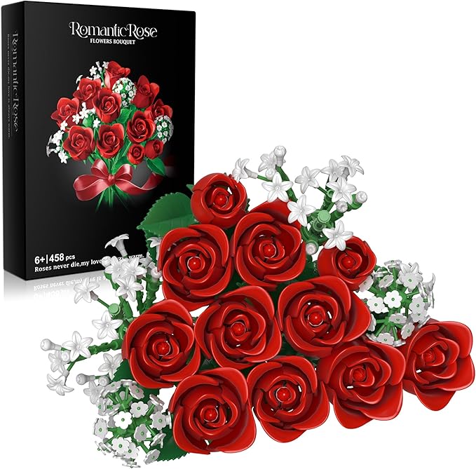 Red Rose Flowers Bouquet Building Set - Valentine's Day Gift Compatible with Lego Flowers for Adults Women Collection Christmas Mother's Day Valentine's Gifts Home Decor
