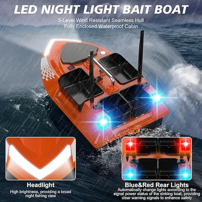 RC Bait Boat with Line Drop for Adult Cruise Control 4 Bait Slot 6.6LBS Loading 12000mAh Battery and Dual Motors 1640FT Range Remote Control Fish with LED Light Hook Release &amp Backpack(Orange